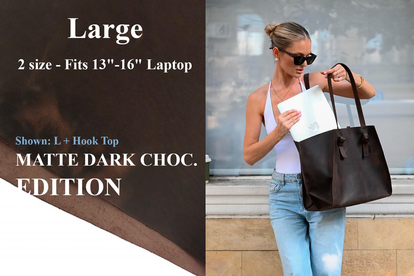 Matte Dark Chocolate Leather Large Tote Bag