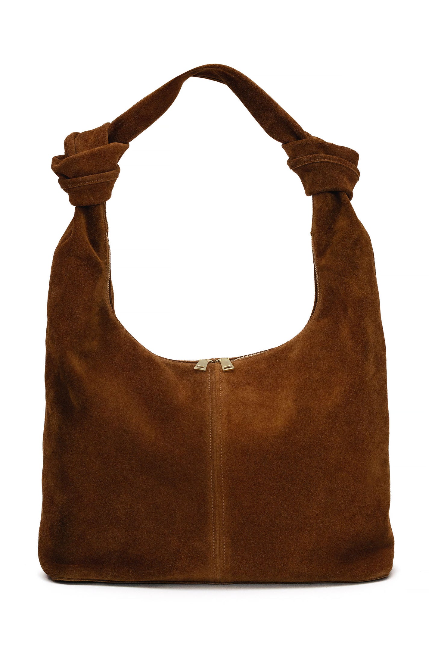Warm Tan Suede Shoulder Bag with Knotted Handle & Zip Top