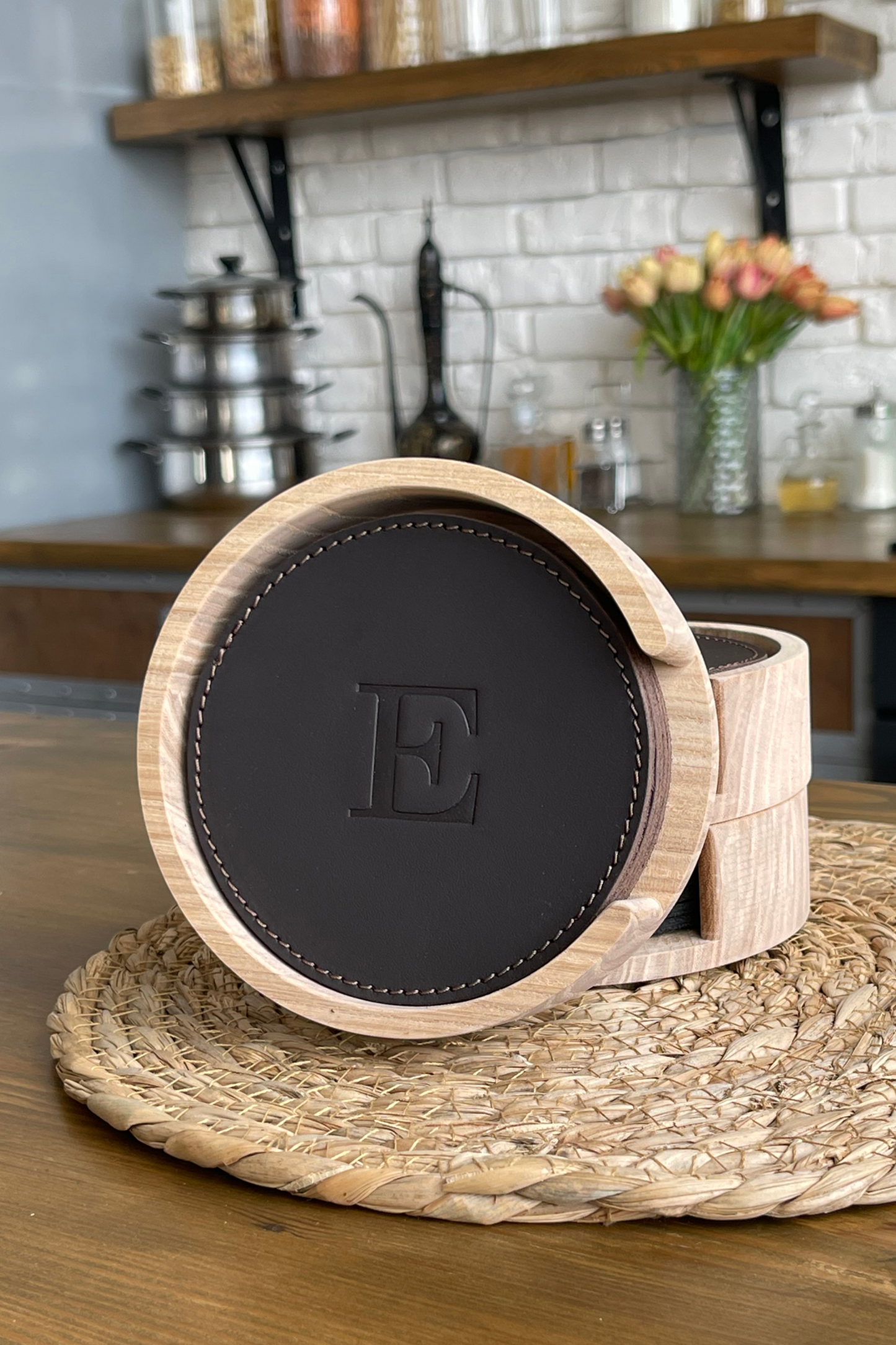 Personalized Leather Coaster Set - Optional Wooden Holder