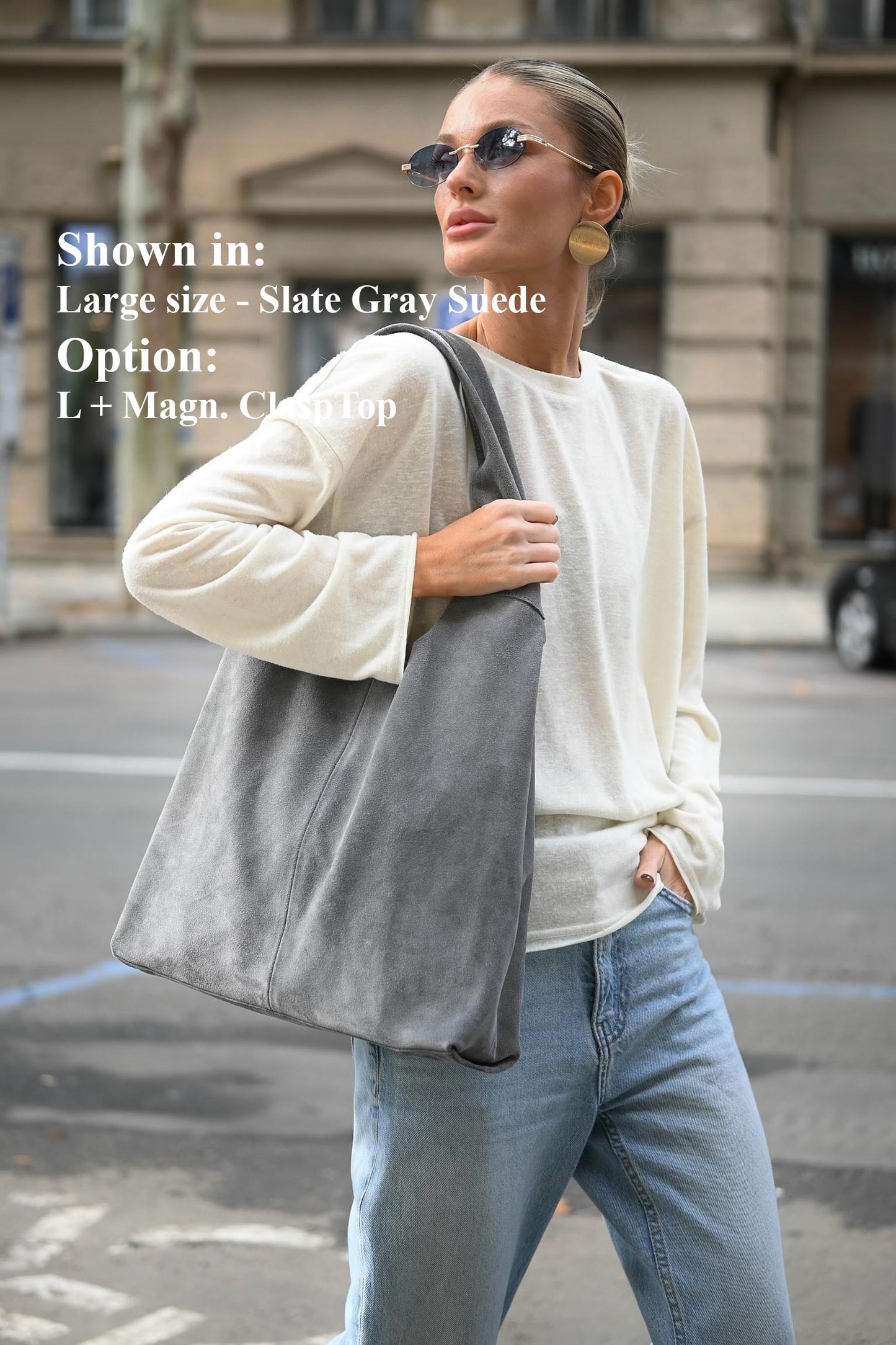 Large Suede Hobo Bag - Slouchy Shoulder Tote in Slate Gray