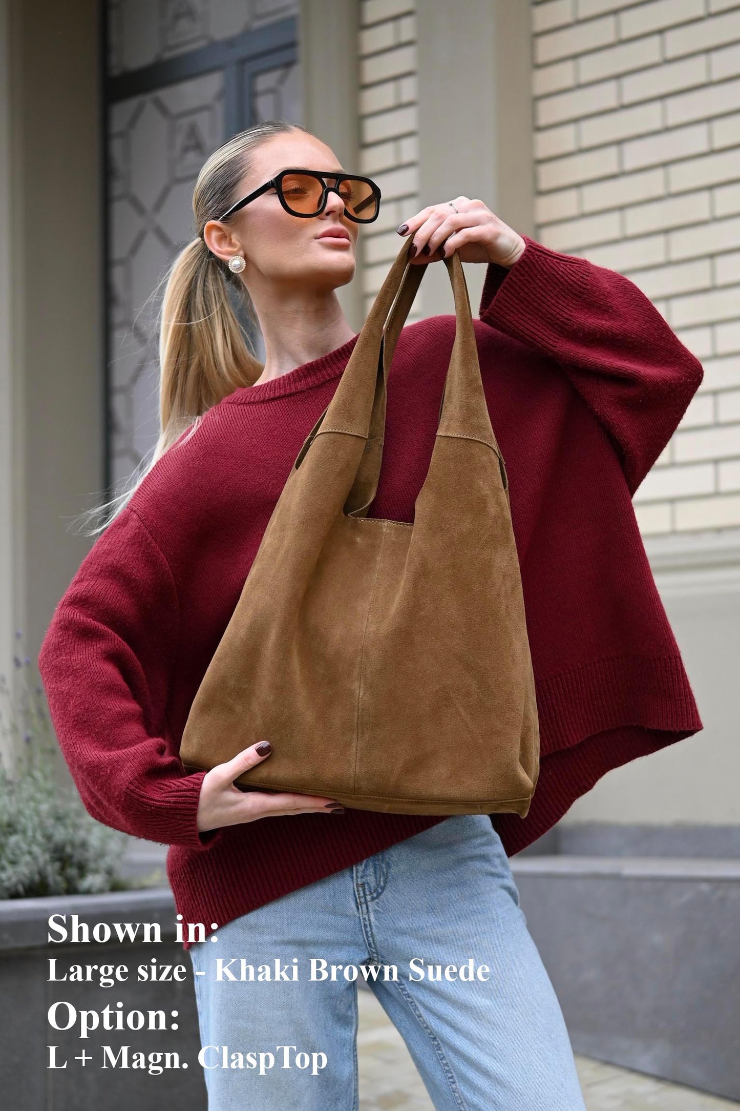 Large Suede Hobo Bag - Slouchy Shoulder Tote in Khaki Brown