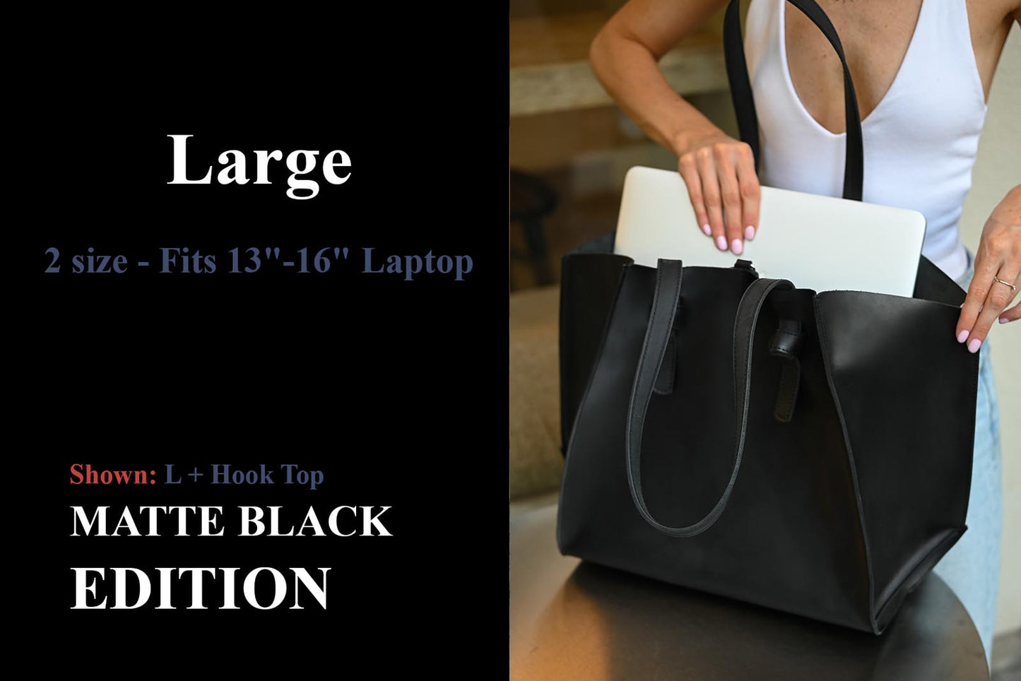 Matte Black Leather Large Tote Bag