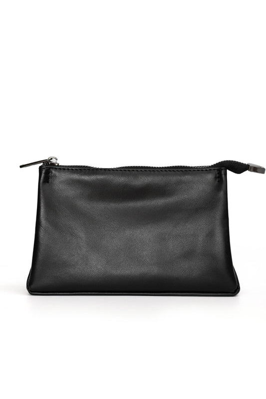 Black Smooth Leather Toiletry Bag - Classic Rectangular Travel Pouch