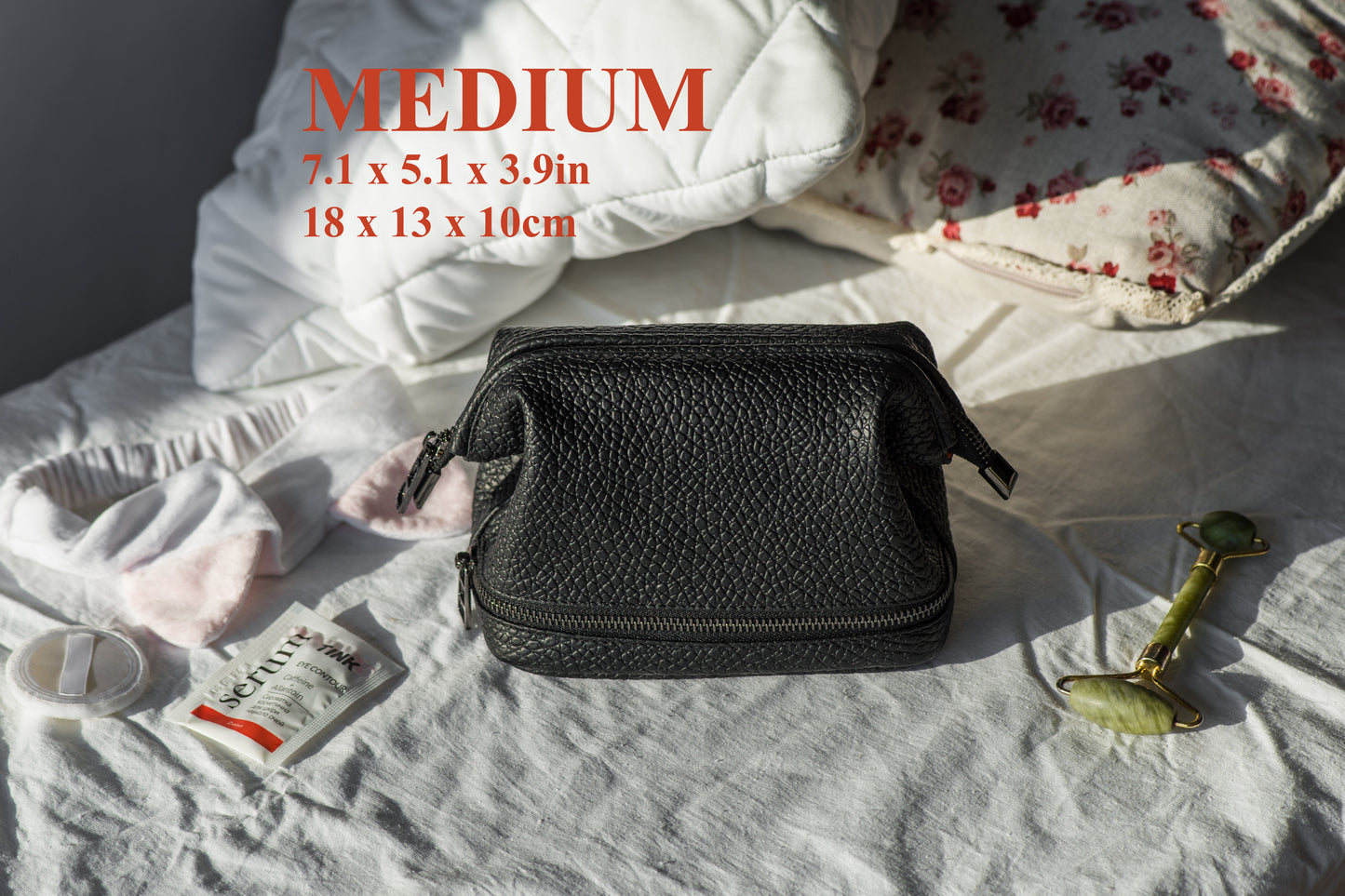Black Pebbled Leather Dopp Kit - Textured Travel Toiletry Bag for Men & Women
