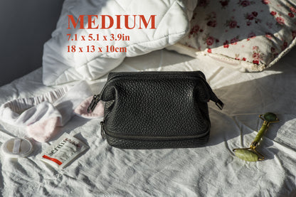 Black Pebbled Leather Dopp Kit - Textured Travel Toiletry Bag for Men & Women