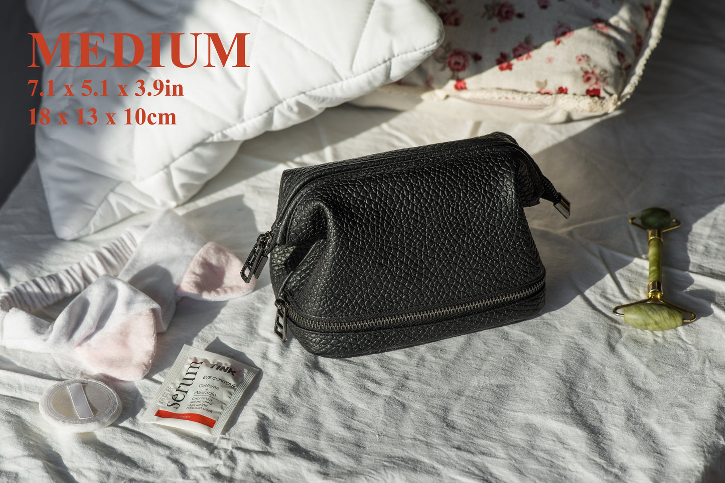 Black Pebbled Leather Dopp Kit - Textured Travel Toiletry Bag for Men & Women