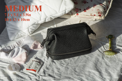 Black Pebbled Leather Dopp Kit - Textured Travel Toiletry Bag for Men & Women