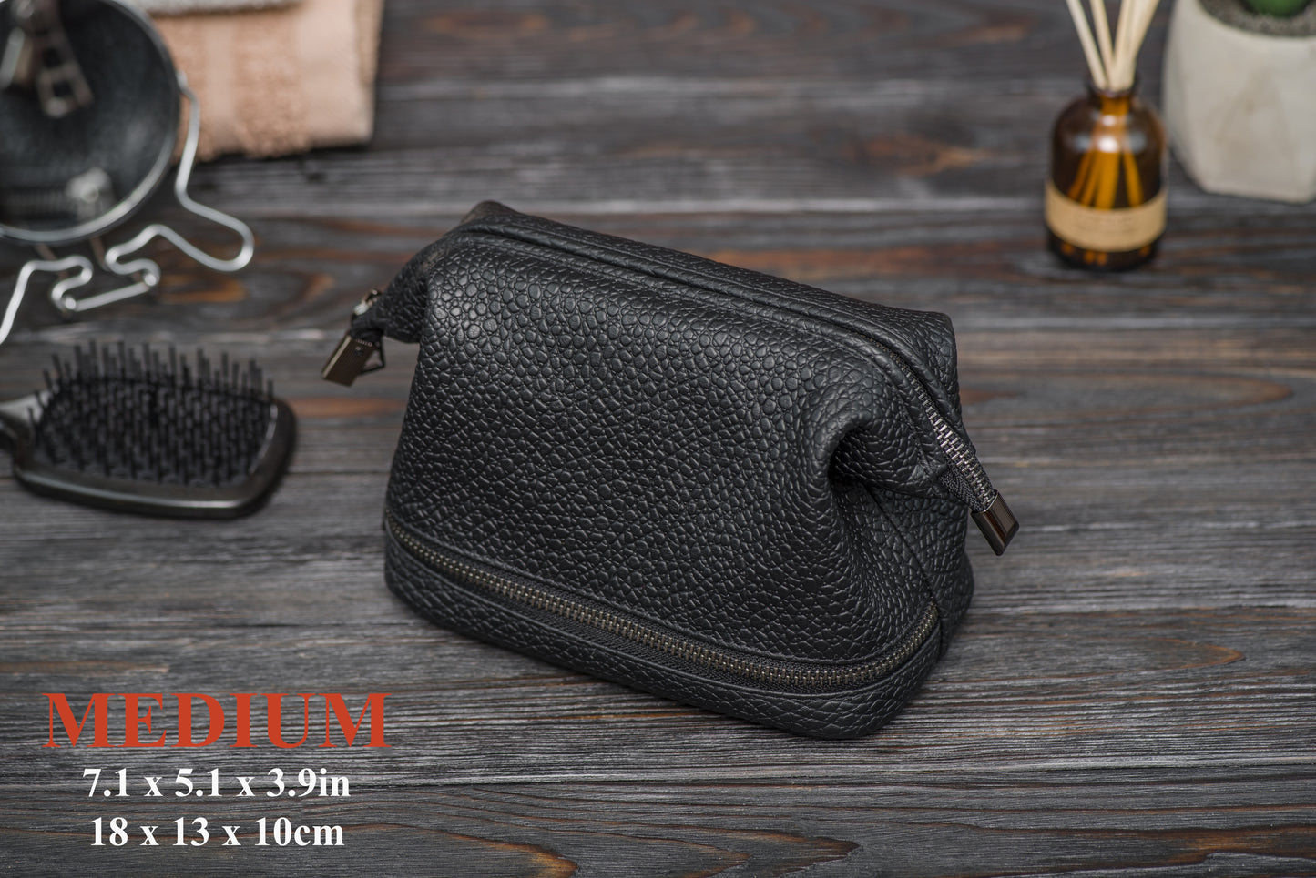 Black Pebbled Leather Dopp Kit - Textured Travel Toiletry Bag for Men & Women