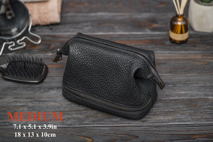 Black Pebbled Leather Dopp Kit - Textured Travel Toiletry Bag for Men & Women