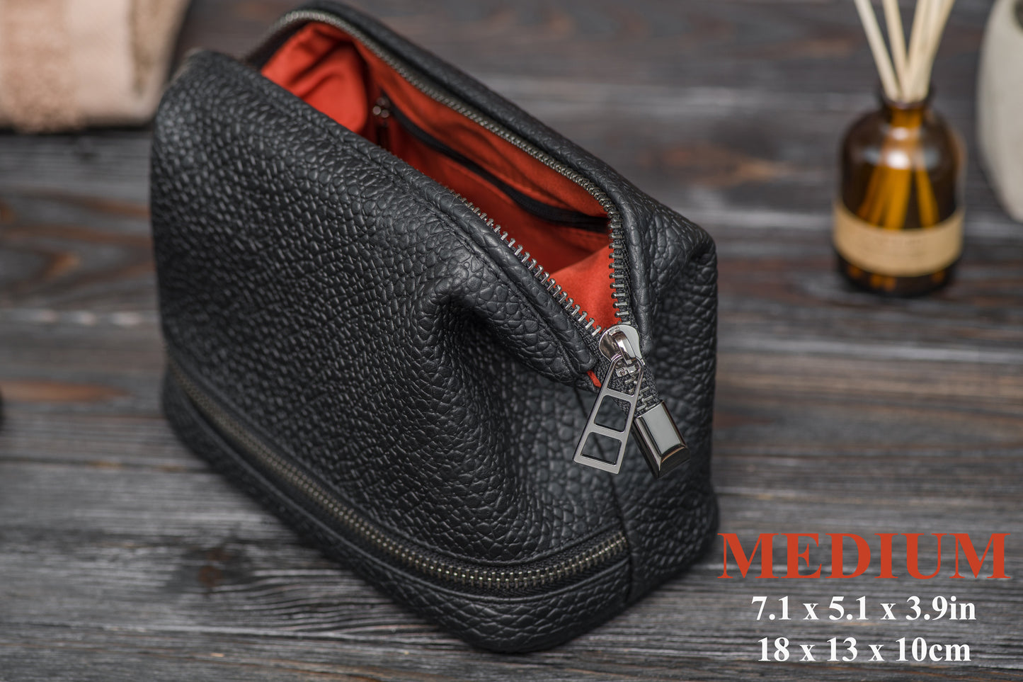 Black Pebbled Leather Dopp Kit - Textured Travel Toiletry Bag for Men & Women