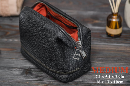 Black Pebbled Leather Dopp Kit - Textured Travel Toiletry Bag for Men & Women