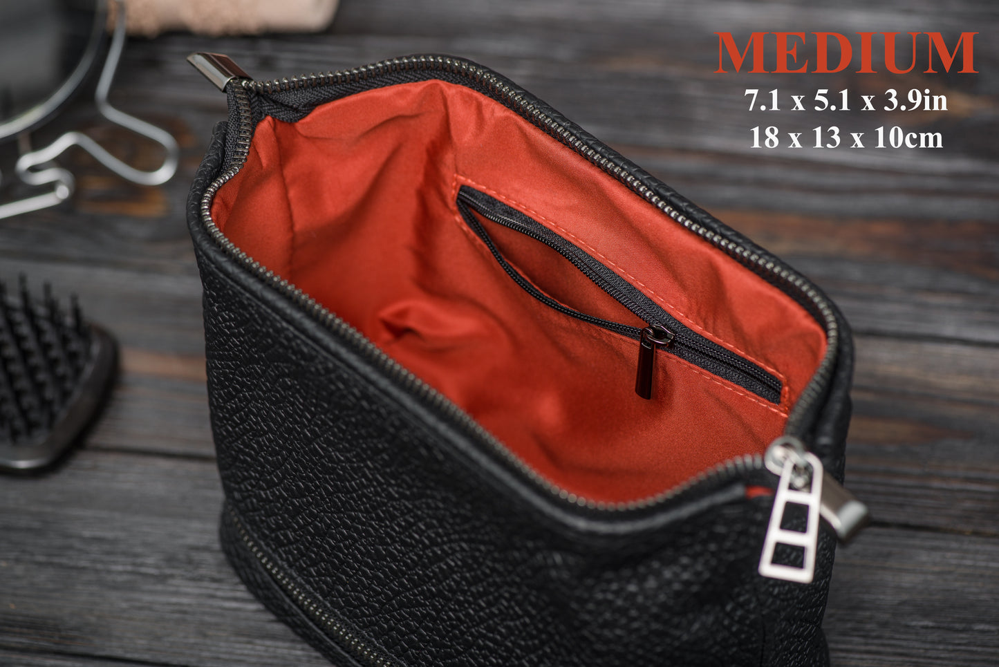 Black Pebbled Leather Dopp Kit - Textured Travel Toiletry Bag for Men & Women