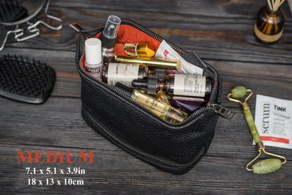Black Pebbled Leather Dopp Kit - Textured Travel Toiletry Bag for Men & Women