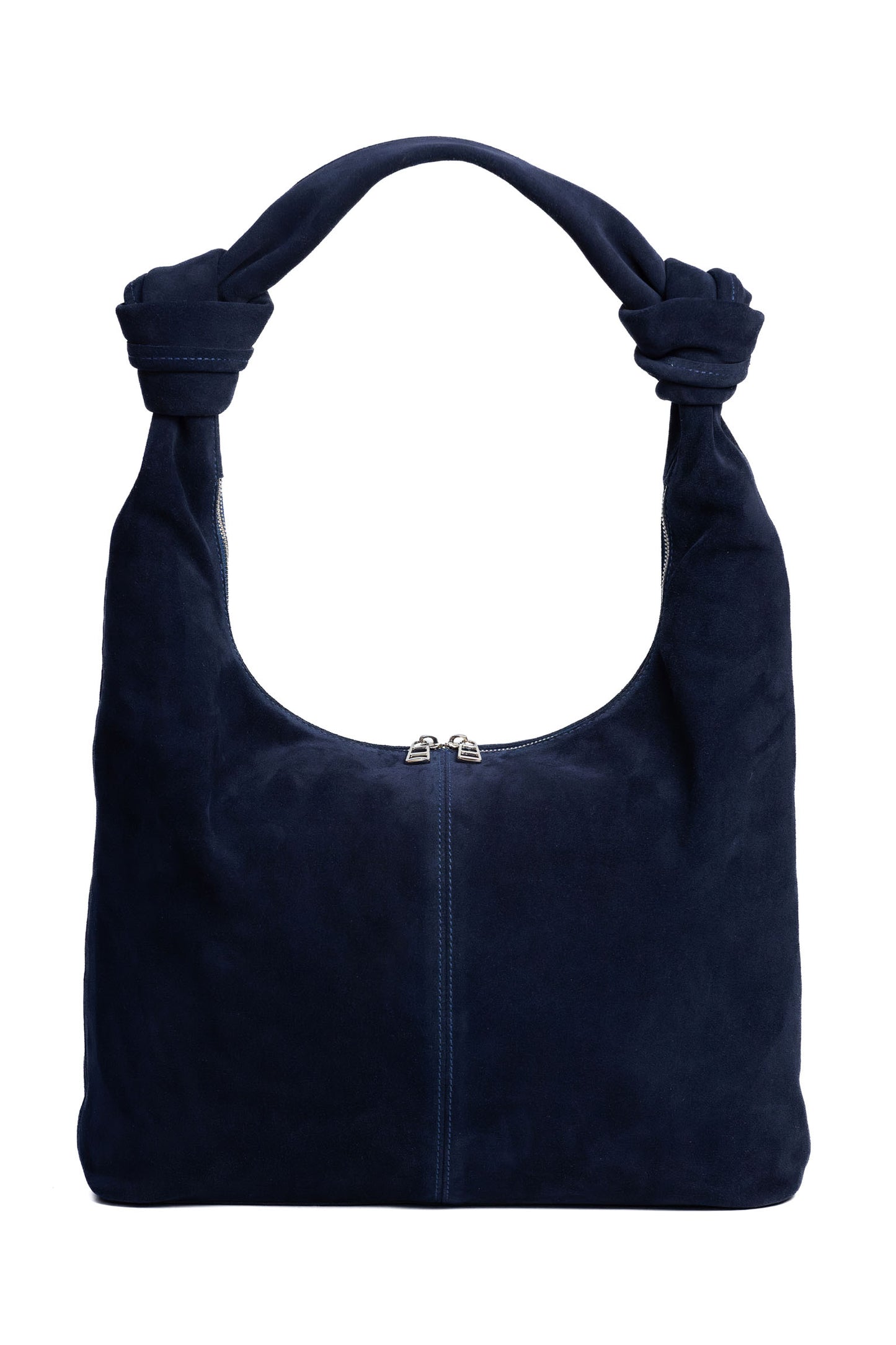 Deep Navy Suede Shoulder Bag with Knotted Handle & Zip Top