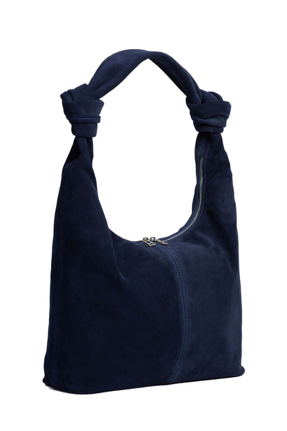 Deep Navy Suede Shoulder Bag with Knotted Handle & Zip Top