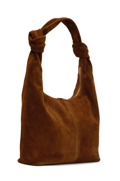 Warm Tan Suede Shoulder Bag with Knotted Handle & Zip Top