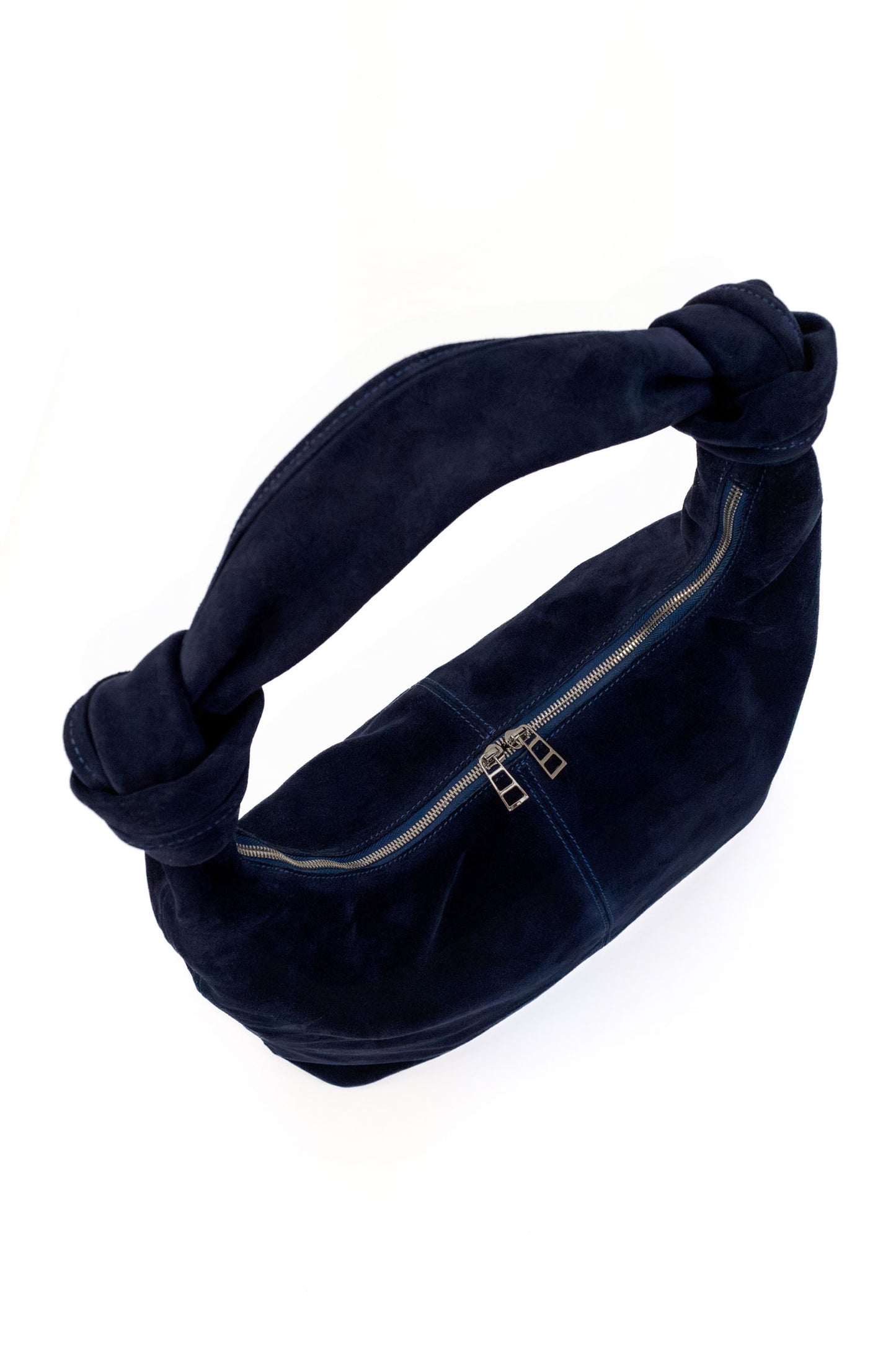 Deep Navy Suede Shoulder Bag with Knotted Handle & Zip Top