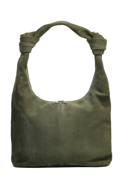 Forest Olive Suede Shoulder Bag with Knotted Handle & Zip Top
