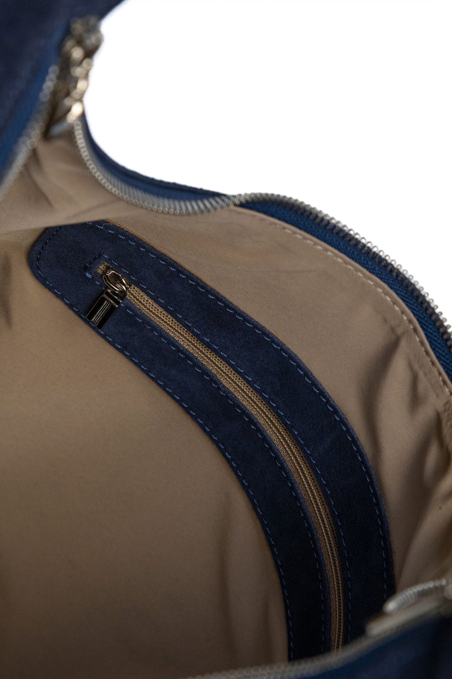 Deep Navy Suede Shoulder Bag with Knotted Handle & Zip Top