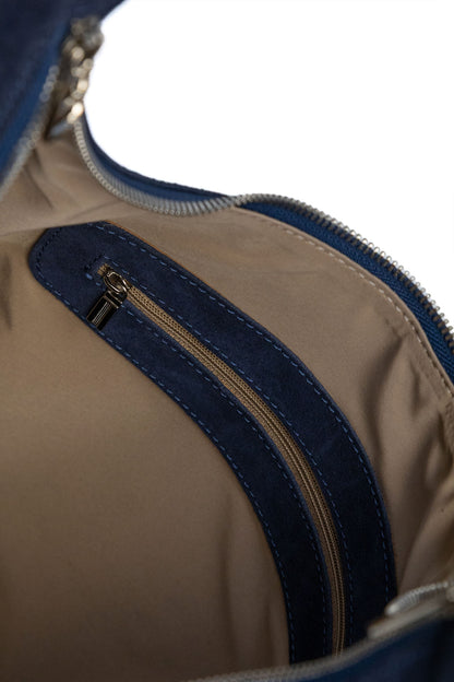 Deep Navy Suede Shoulder Bag with Knotted Handle & Zip Top