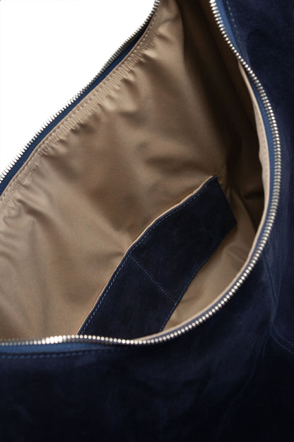 Deep Navy Suede Shoulder Bag with Knotted Handle & Zip Top