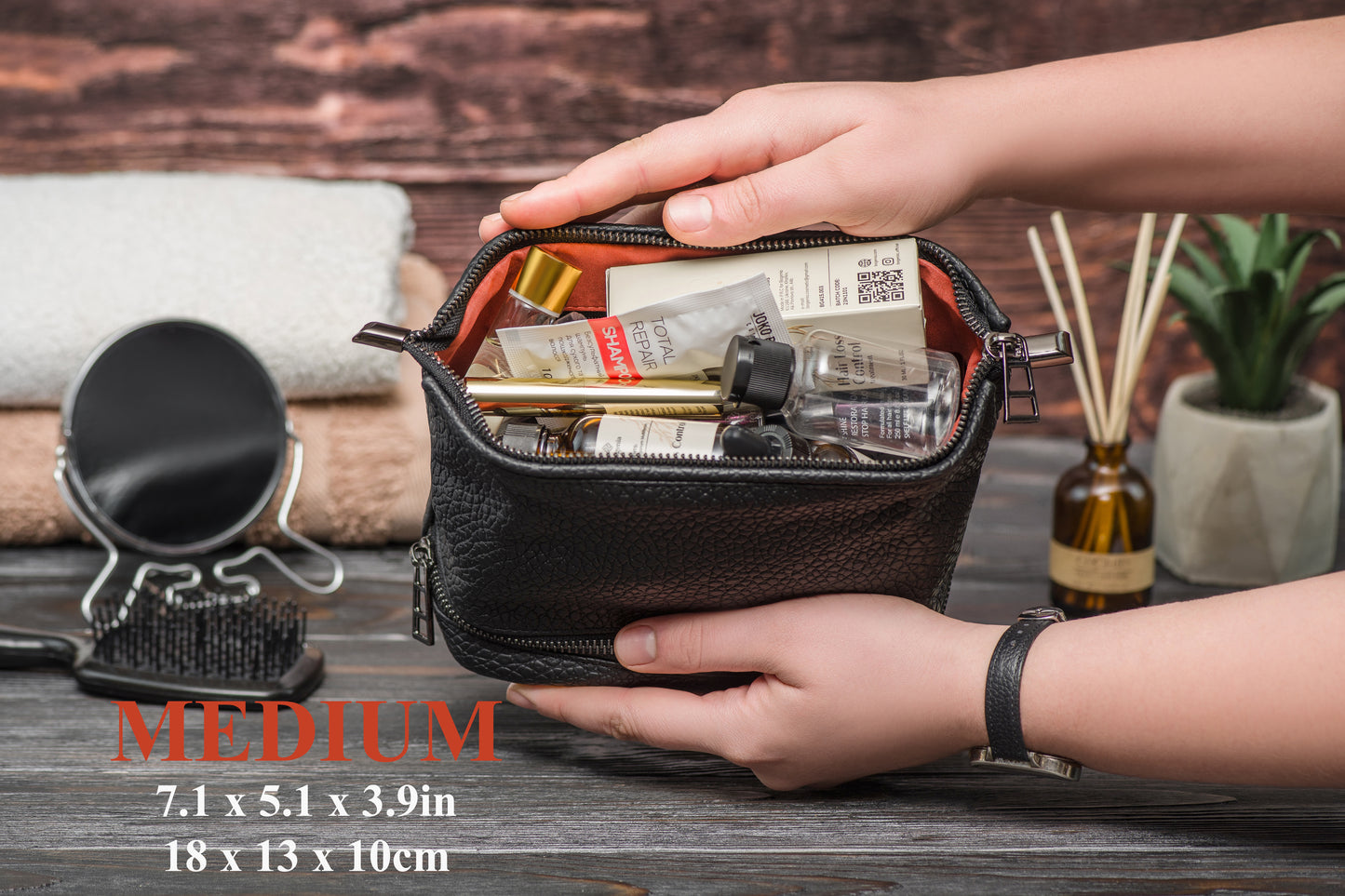 Black Pebbled Leather Dopp Kit - Textured Travel Toiletry Bag for Men & Women