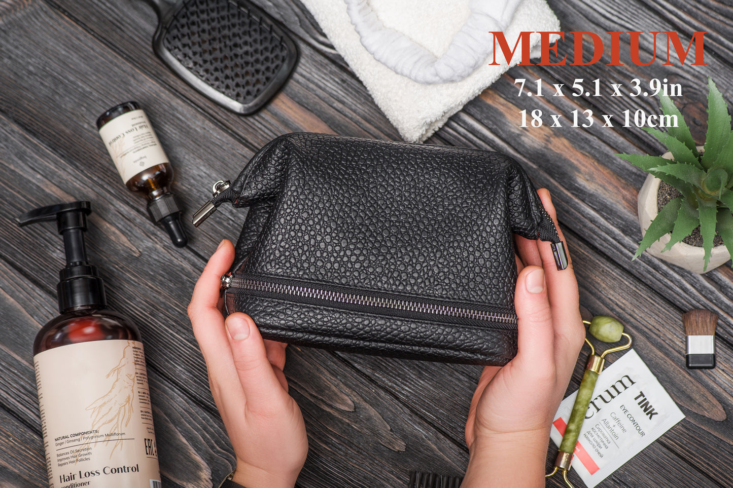 Black Pebbled Leather Dopp Kit - Textured Travel Toiletry Bag for Men & Women