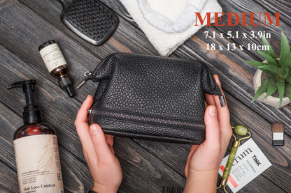 Black Pebbled Leather Dopp Kit - Textured Travel Toiletry Bag for Men & Women