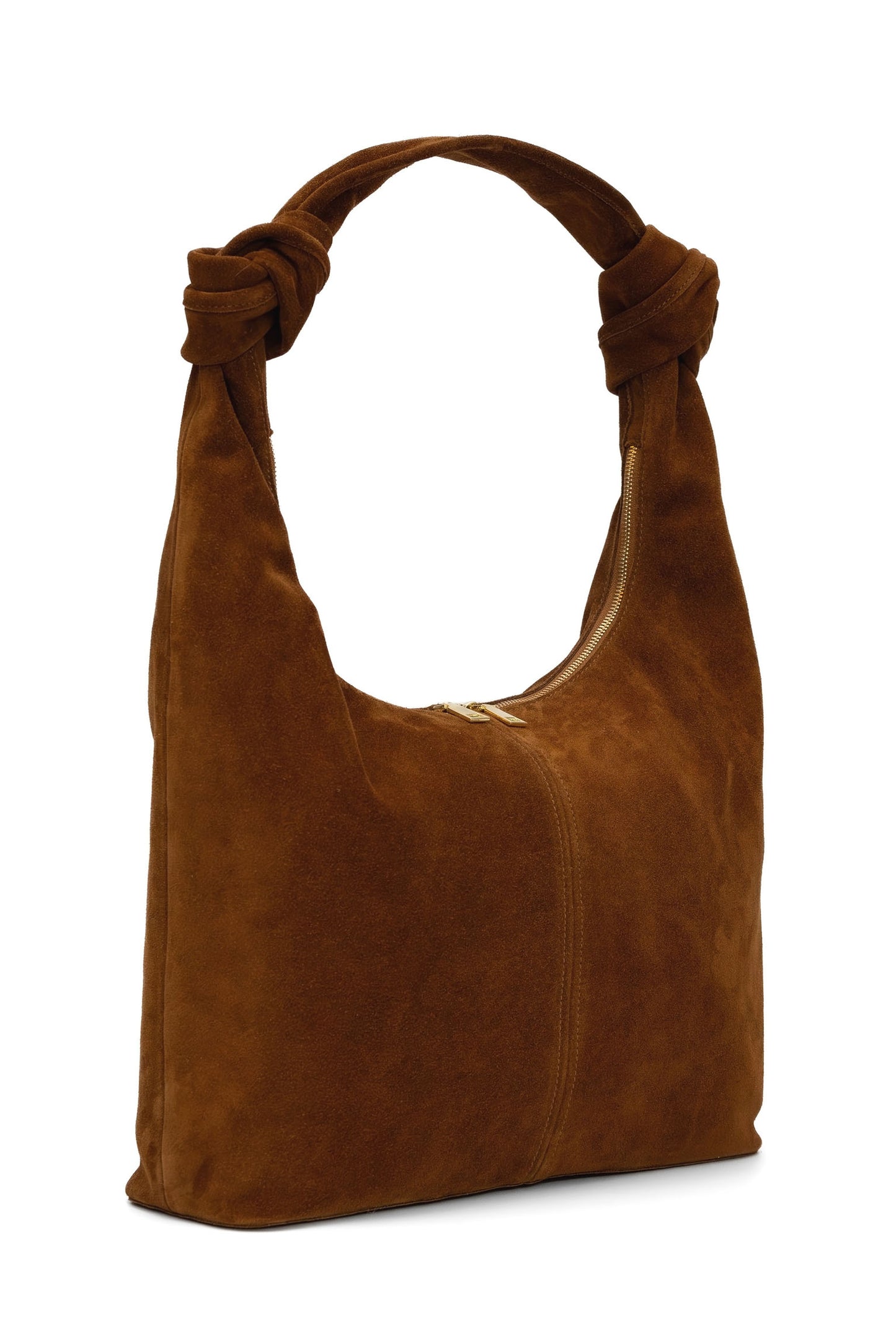 Warm Tan Suede Shoulder Bag with Knotted Handle & Zip Top