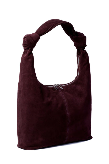 Merlot Suede Shoulder Bag with Knotted Handle & Zip Top