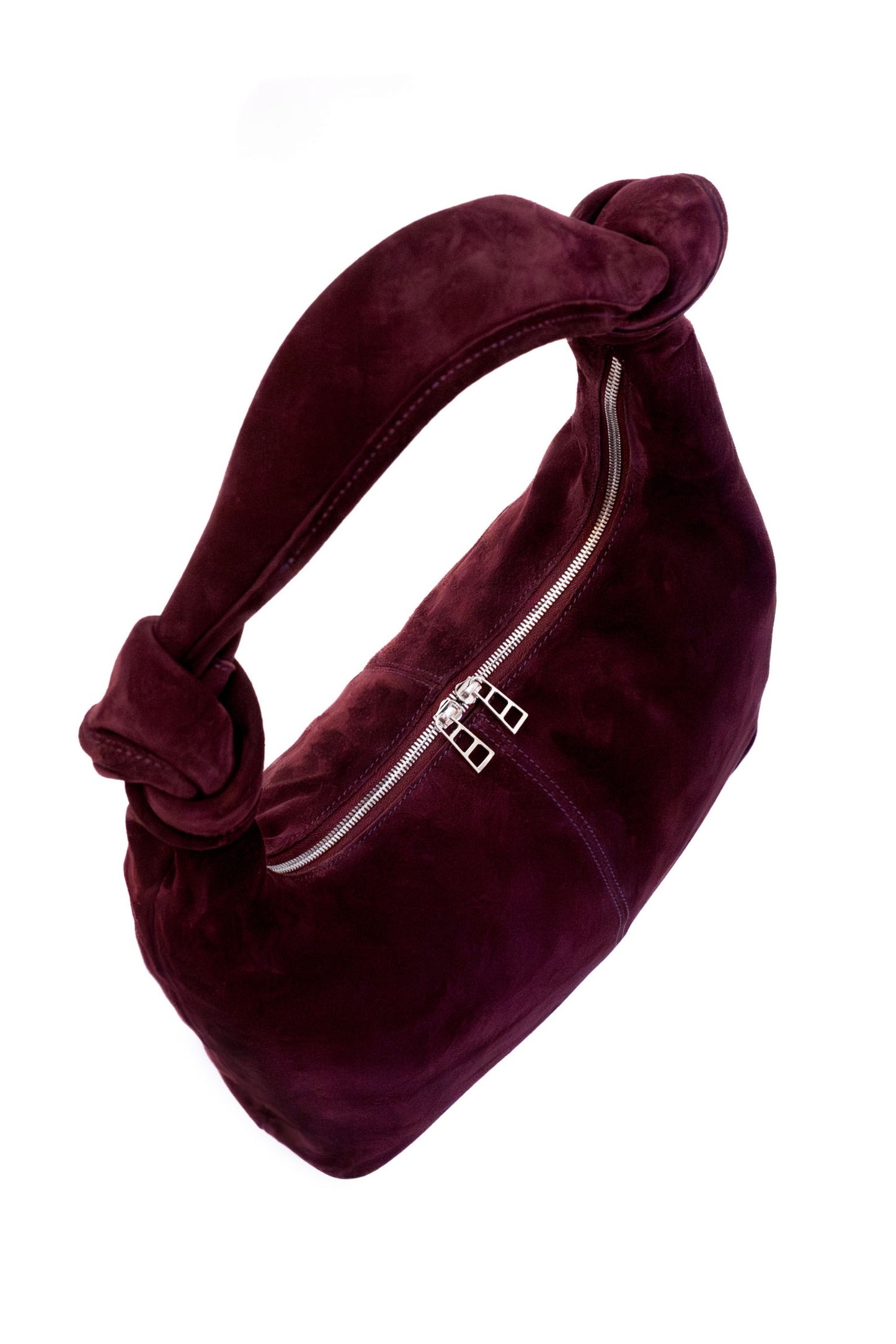 Merlot Suede Shoulder Bag with Knotted Handle & Zip Top