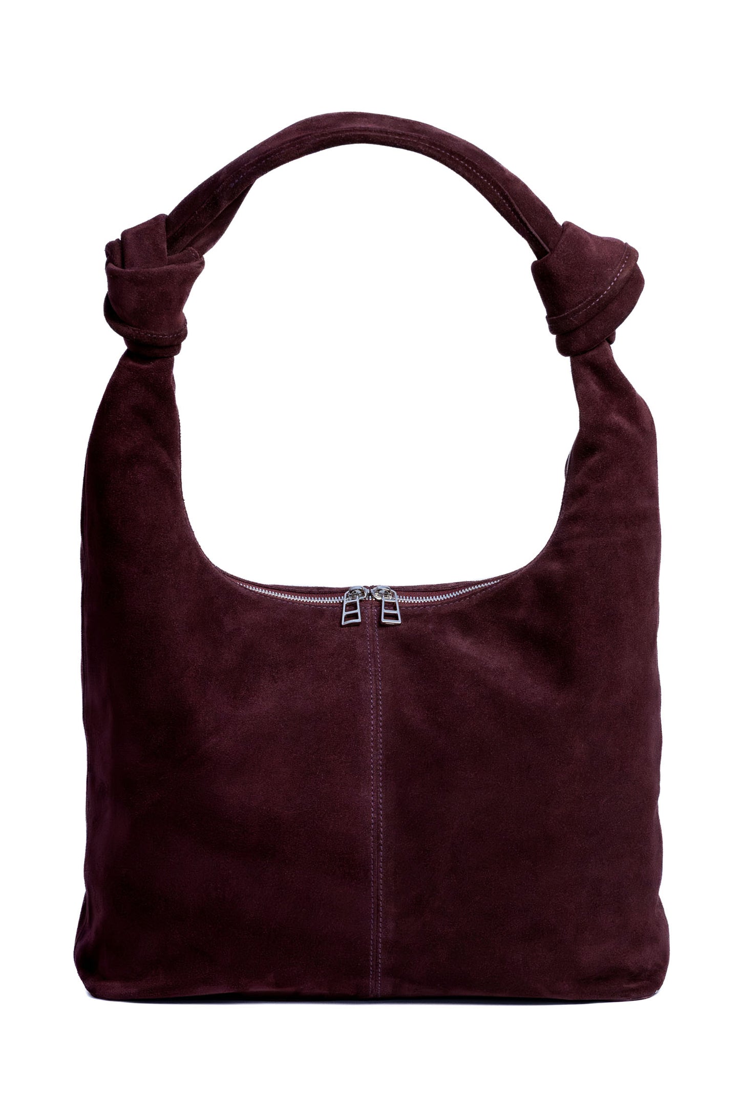 Merlot Suede Shoulder Bag with Knotted Handle & Zip Top