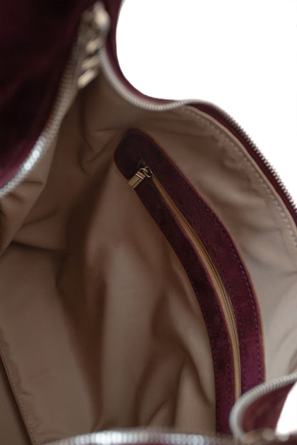 Merlot Suede Shoulder Bag with Knotted Handle & Zip Top