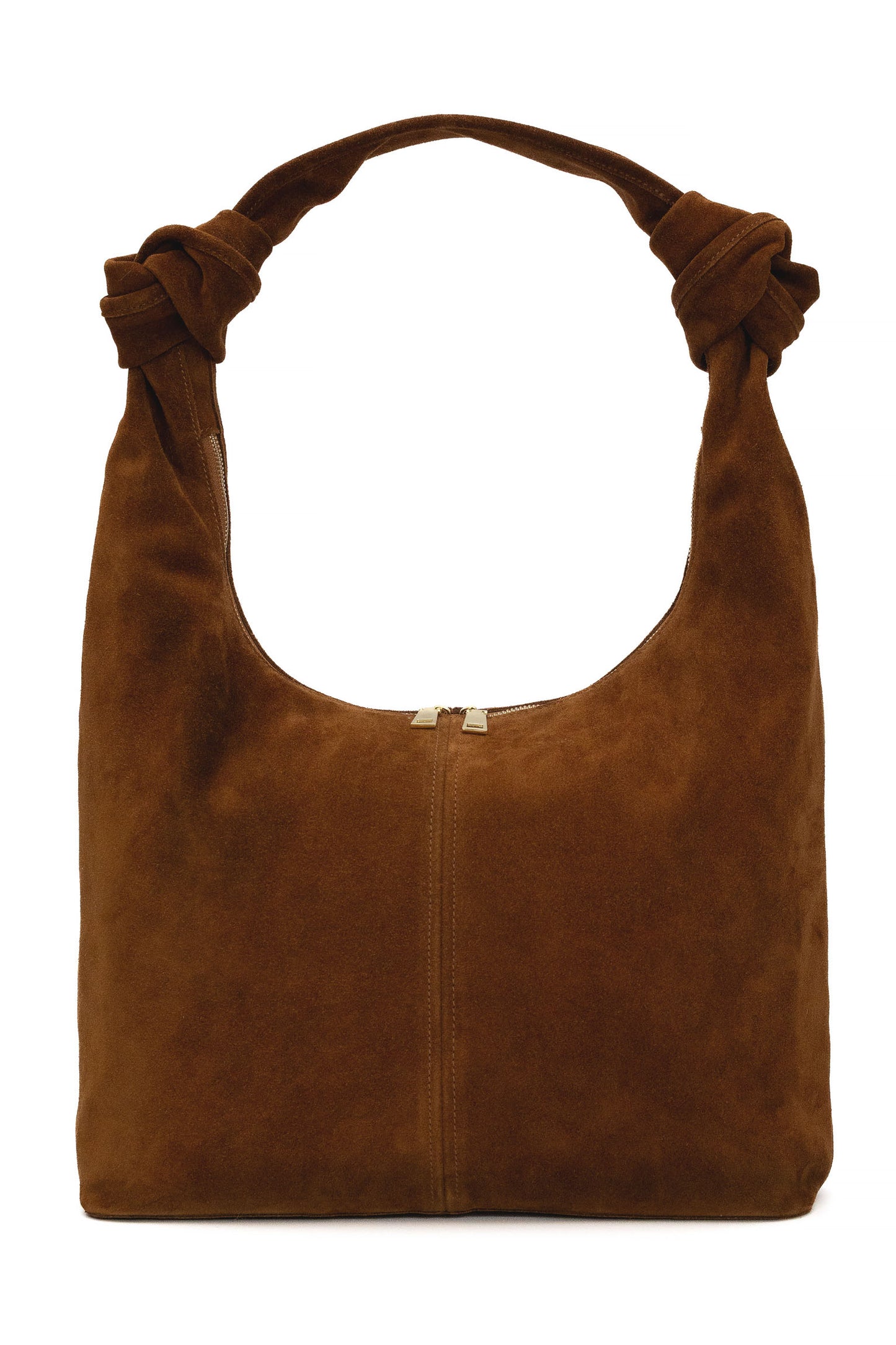 Warm Tan Suede Shoulder Bag with Knotted Handle & Zip Top