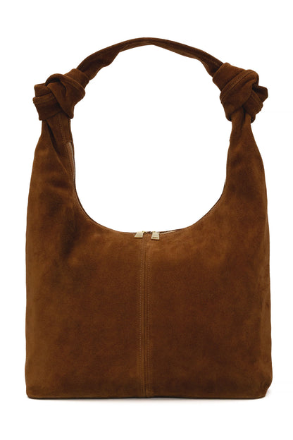 Warm Tan Suede Shoulder Bag with Knotted Handle & Zip Top