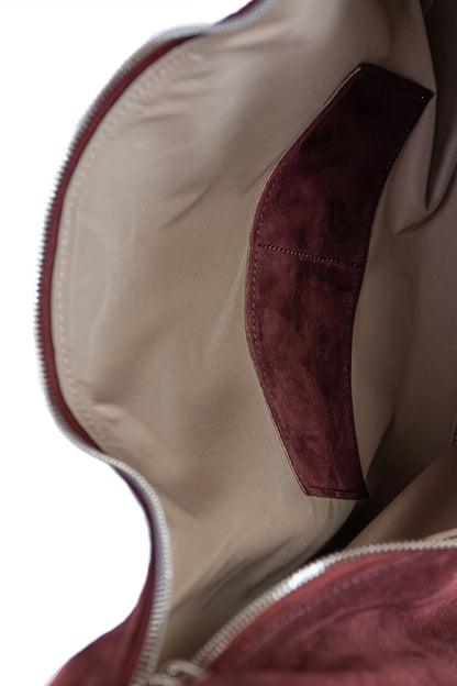Merlot Suede Shoulder Bag with Knotted Handle & Zip Top