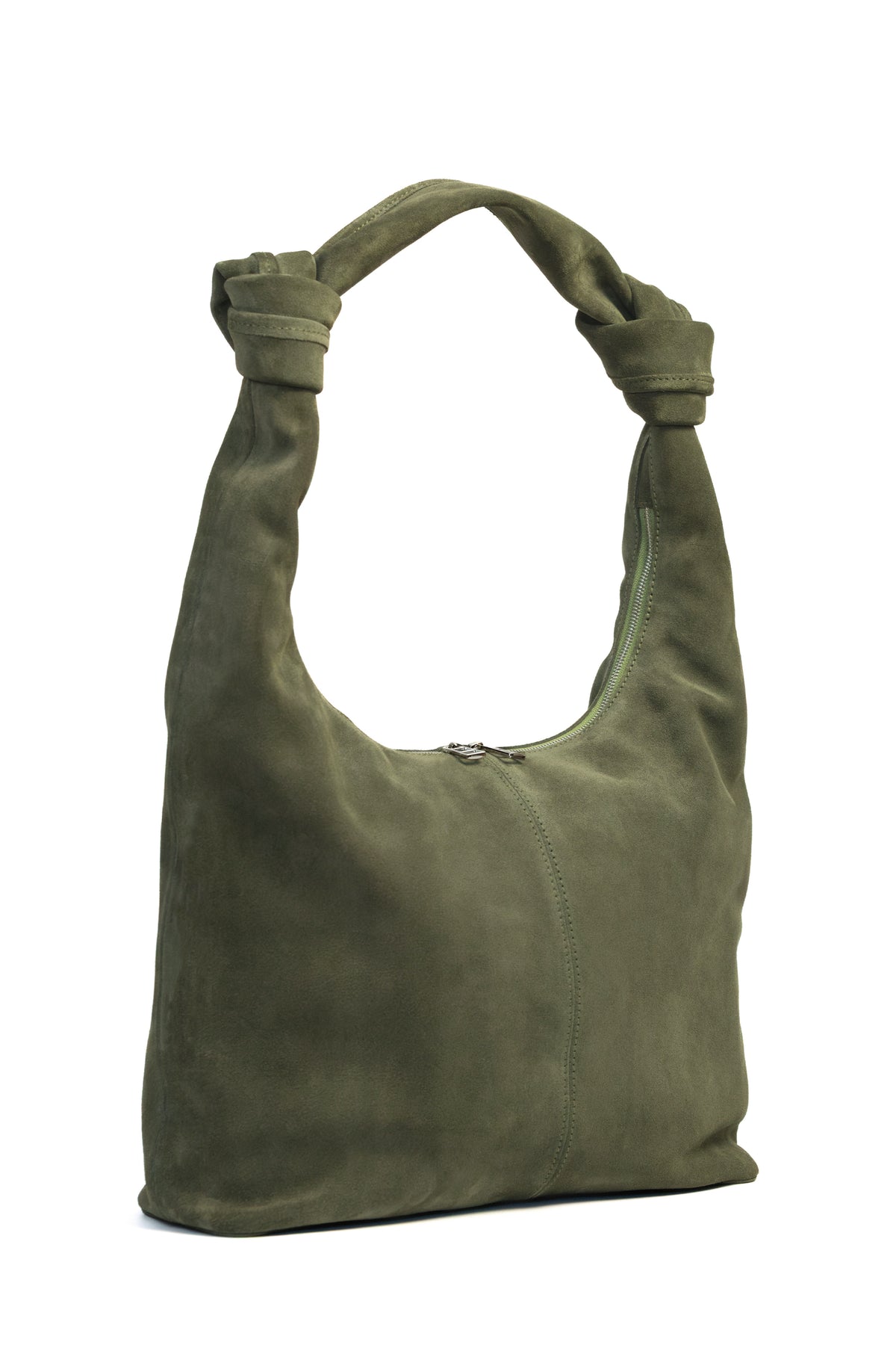Forest Olive Suede Shoulder Bag with Knotted Handle & Zip Top