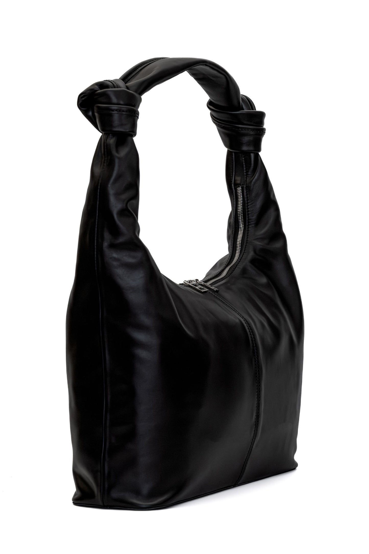 Black Smooth Leather Shoulder Bag with Knotted Handle & Zip Top