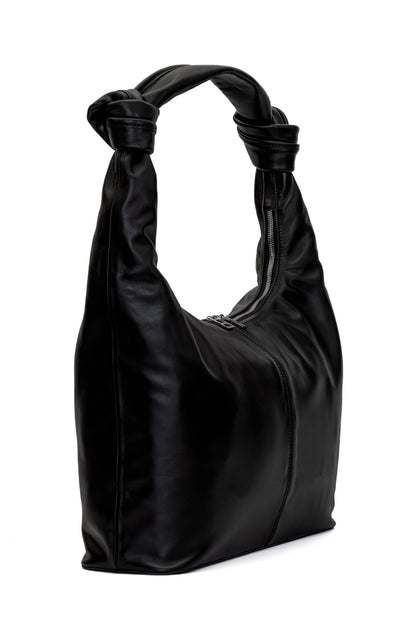 Black Smooth Leather Shoulder Bag with Knotted Handle & Zip Top