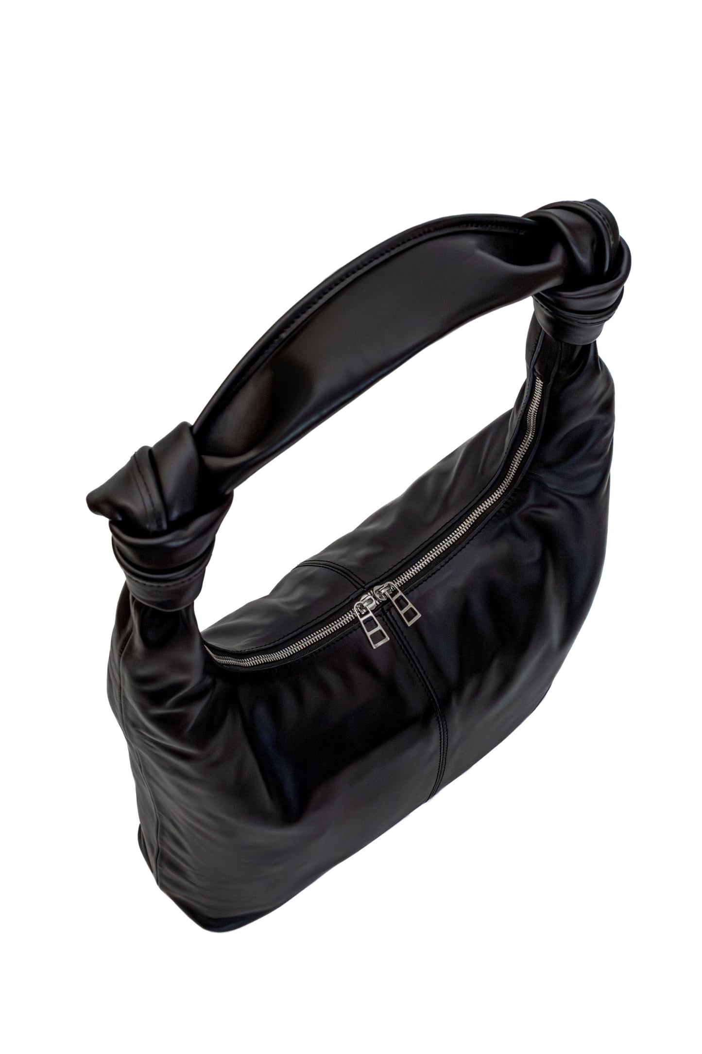Black Smooth Leather Shoulder Bag with Knotted Handle & Zip Top
