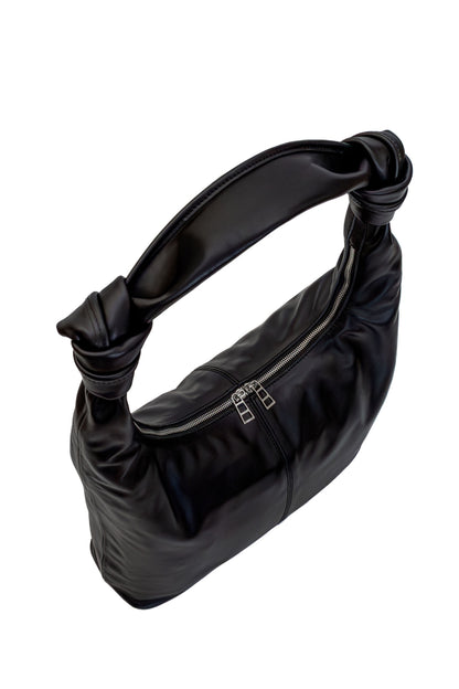Black Smooth Leather Shoulder Bag with Knotted Handle & Zip Top