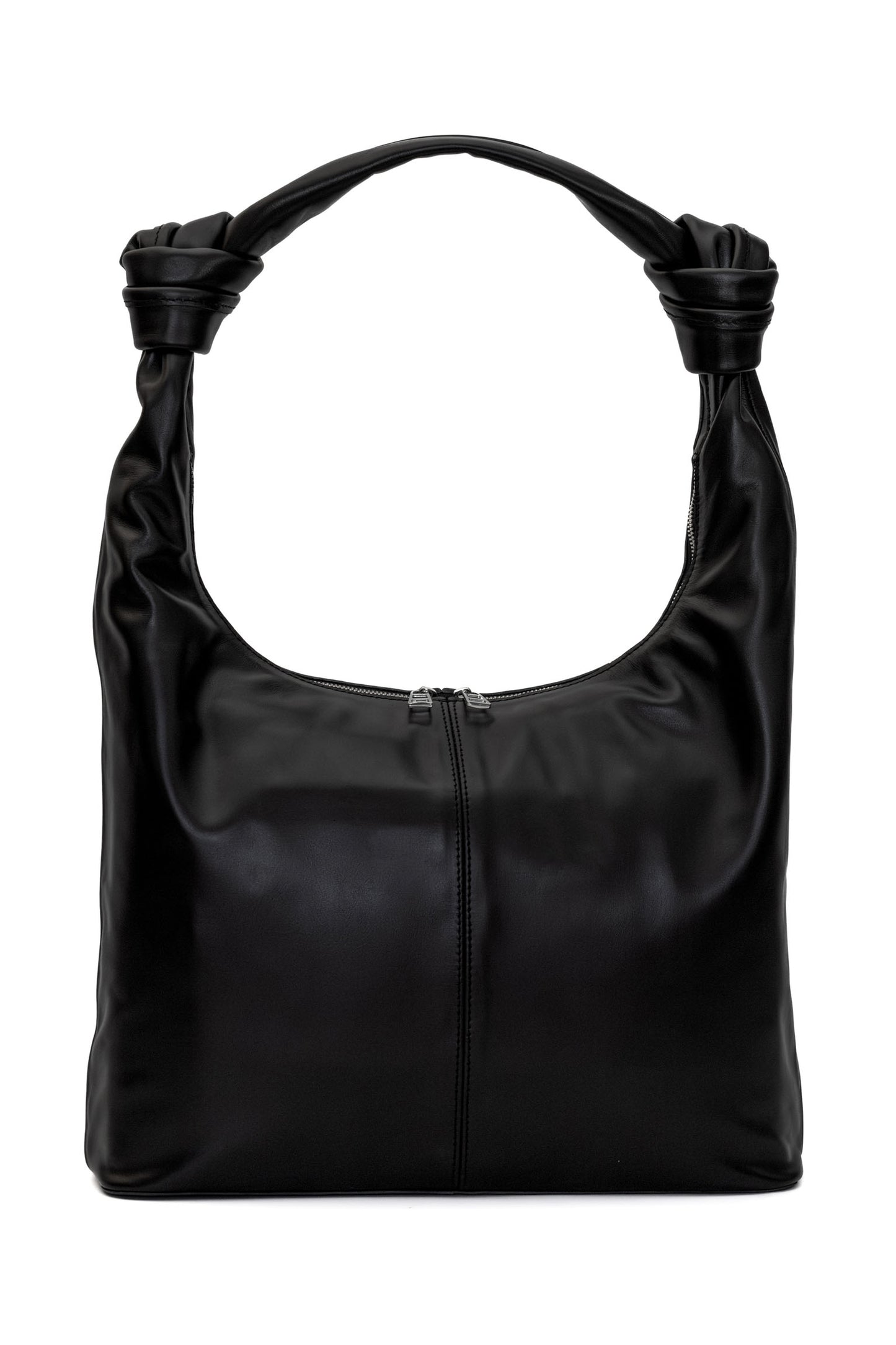 Black Smooth Leather Shoulder Bag with Knotted Handle & Zip Top