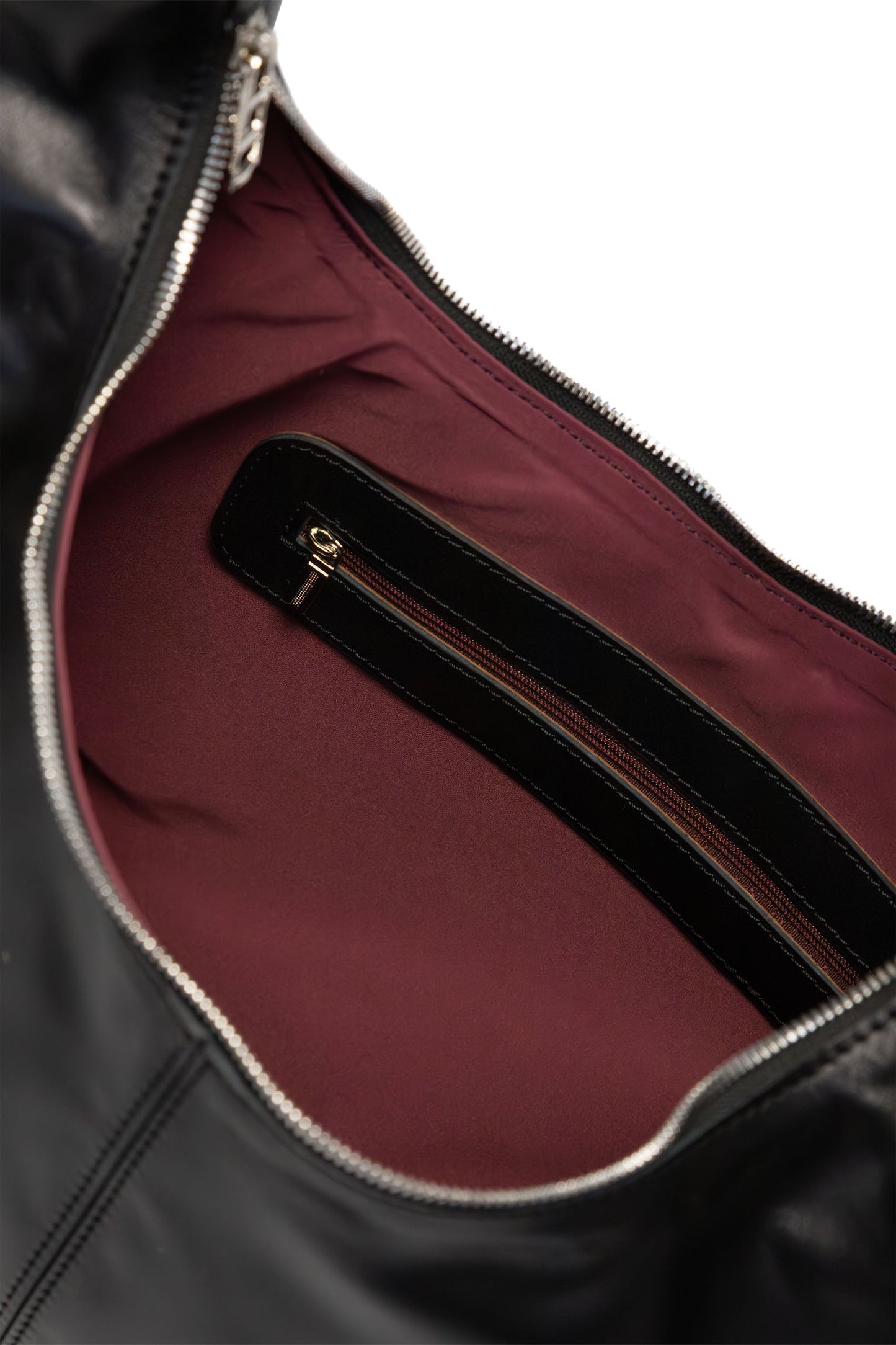 Black Smooth Leather Shoulder Bag with Knotted Handle & Zip Top