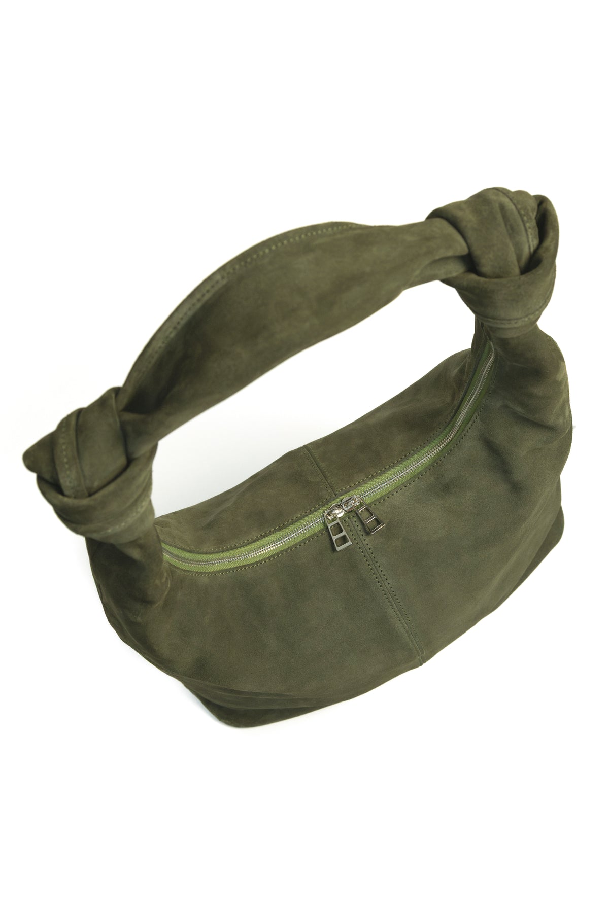 Forest Olive Suede Shoulder Bag with Knotted Handle & Zip Top