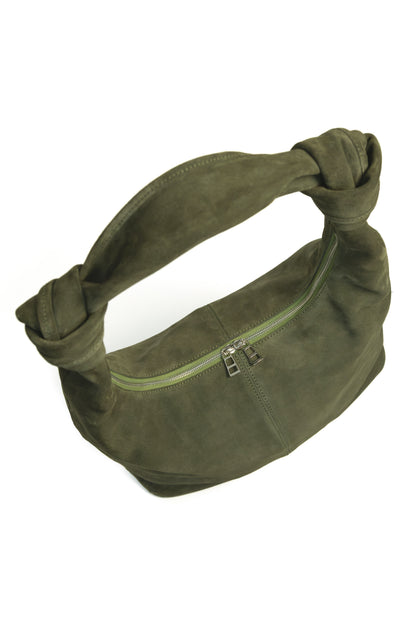 Forest Olive Suede Shoulder Bag with Knotted Handle & Zip Top