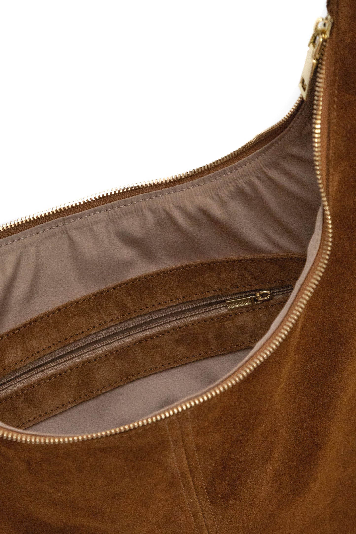 Warm Tan Suede Shoulder Bag with Knotted Handle & Zip Top