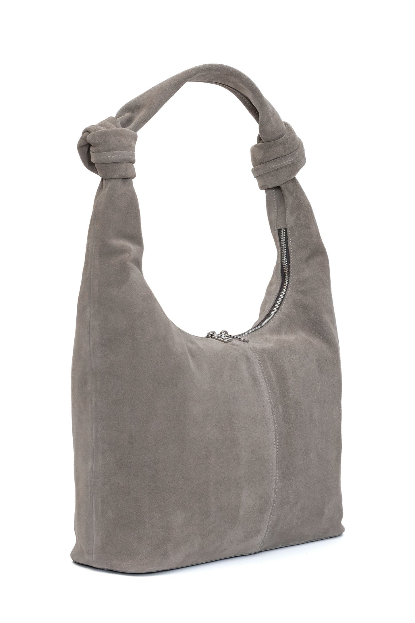 Mushroom Suede Shoulder Bag with Knotted Handle & Zip Top