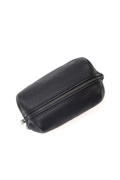Black Pebbled Leather Toiletry Bag - Full Grain Travel Dopp Kit with Zipper