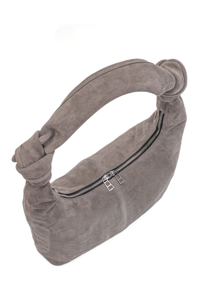 Mushroom Suede Shoulder Bag with Knotted Handle & Zip Top