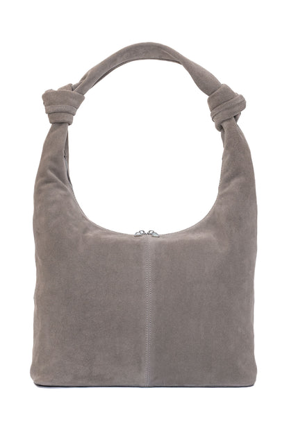 Mushroom Suede Shoulder Bag with Knotted Handle & Zip Top